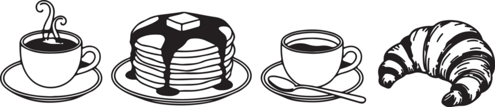 Black and white line drawing showing coffee, pancake with butter, and croissant