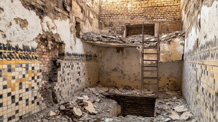 Damaged structure of a building in a state of severe decay