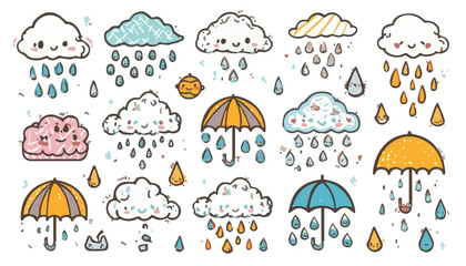Obraz premium set of kawaii cloud variant different. weather doodle. Set of weather elements - sun, clouds, rain, wind, snow, tornado, lightning, crescent moon, stars. Vector hand-drawn illustration in doodle style