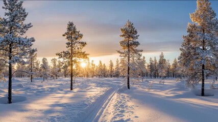 Serene winter landscape with snow-covered trees, peaceful sunset casting warm glow, tranquil scene perfect for holiday reflections and seasonal greetings