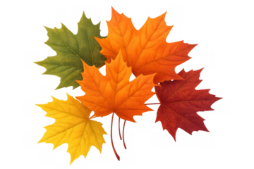 Autumn maple leaves in colorful fall hues with transparent background, seasonal nature foliage changing colors