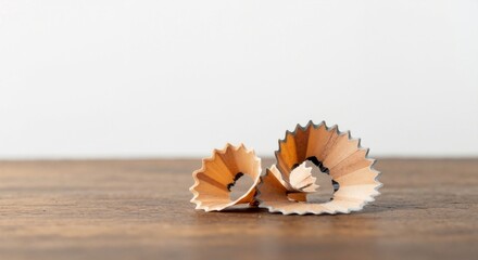 Close-up of curled pencil shavings on a wooden desk. Art and education concept with school supplies. Minimalist still life with copy space on a white background