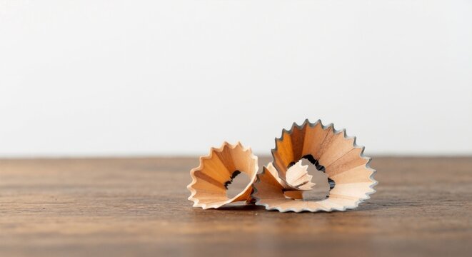 Close-up of curled pencil shavings on a wooden desk. Art and education concept with school supplies. Minimalist still life with copy space on a white background