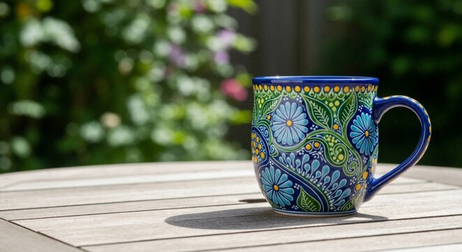 A colorful hand-painted ceramic mug with a floral pattern on a wooden table. Traditional folk art pottery cup in a sunny garden setting with copy space