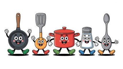 Adorable cartoon kitchenware characters bring cheer to cooking projects and culinary designs with their playful expressions and charming poses in a fun vector!