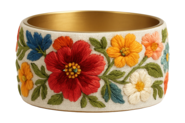 Floral-embroidered textile bracelet.