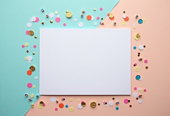 Flat lay of card with scattered confetti on pastel table