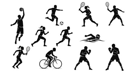 Silhouettes of Sport Player Icon Set, Athletic Action Figures