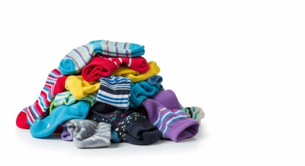 A colorful pile of mismatched children's socks from the laundry. Isolated on a white background with copy space