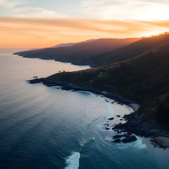 Aerial beautiful shot of a seashore with hills on the background at sunset