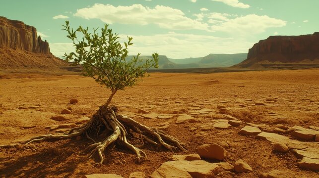 A small struggling tree with exposed weathered roots stands resilient in a vast arid desert landscape under a cloudy sky