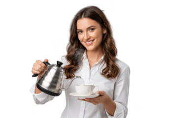 Woman pouring coffee from a kettle into a cup isolated on transparent background