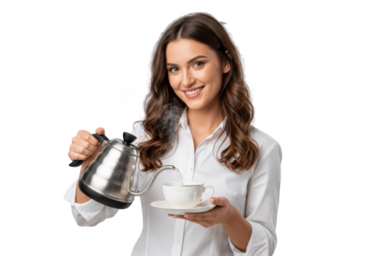 Woman pouring coffee from a kettle into a cup isolated on transparent background
