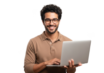 Smiling man with glasses holding a laptop isolated on transparent background