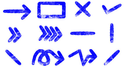 A collection of hand-drawn blue grunge style arrows and various symbols like checkmarks and crosses.