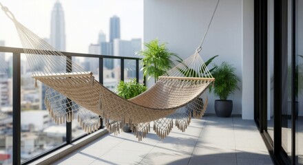 Obraz premium Comfortable woven hammock on a modern high-rise balcony. Urban relaxation spot with a city view on a sunny day