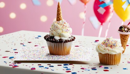 Card on table with confetti, ice cream, and cupcake