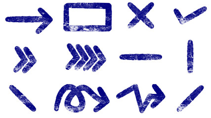 A collection of hand-drawn blue grunge stamp effect arrows and symbols on a white background.