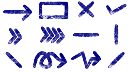 A collection of hand-drawn blue grunge stamp effect arrows and symbols on a white background.