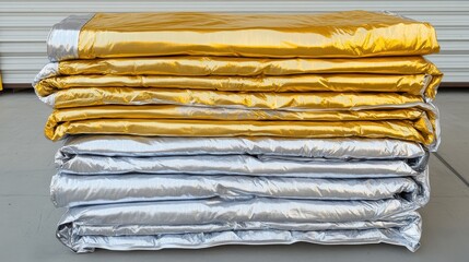 A stack of silver and gold insulated emergency survival blankets ready for use