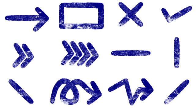 A collection of hand-drawn blue grunge stamp effect arrows and symbols on a white background.