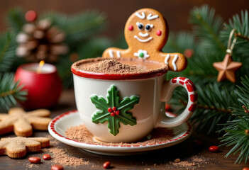 Details: cocoa mug, gingerbread man, garland around