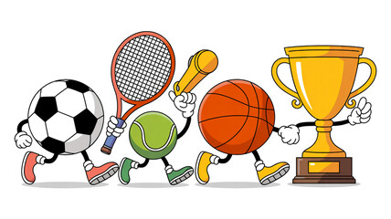 Joyful cartoon sports balls and trophy march forward celebrating victory and athletic achievement in a fun, dynamic illustration perfect for children's media
