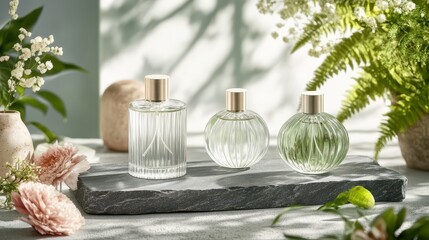 Fragrance bottles displayed on a slate shelf with natural light