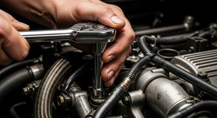 Expert mechanic repairing engine with precision using wrench, showcasing automotive maintenance and skilled craftsmanship in action, perfect for repair service ads