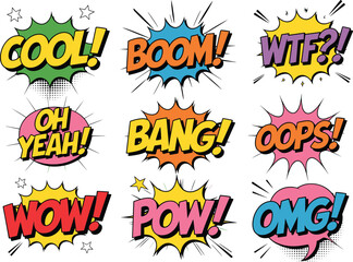 Colorful comic text stickers, pop art action words, retro cartoon expressions, dynamic speech bubble graphics, fun comic style typography collection