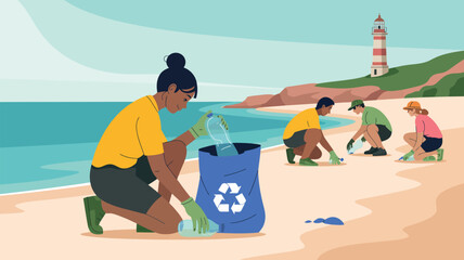 Volunteers clean up a beach, collecting plastic bottles and trash in a recycling bag.