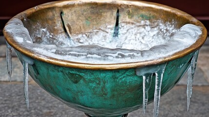 Fototapeta premium A vintage metal fountain rimmed with ice in winter