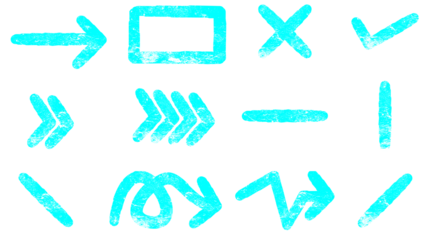 A collection of hand-drawn cyan symbols including arrows, checkmarks, and geometric shapes on a white background.