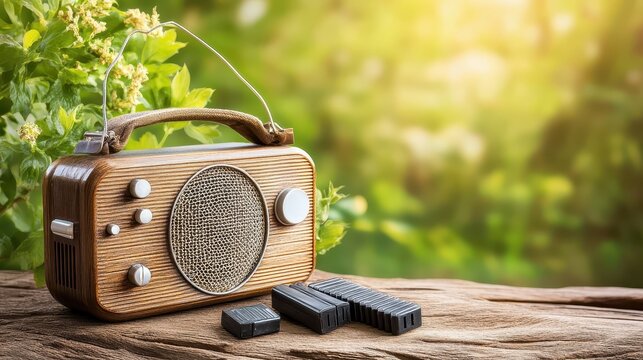 A vintage portable radio with spare batteries sits on a wooden table outdoors with lush green foliage and sunlight in the background - Powered by Adobe