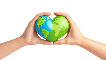 Hands holding a heart-shaped Earth globe, isolated on transparent background. Love for planet, global care, environment, CSR, peace, charity, sustainability concept