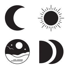 Celestial night and day minimal icon collection featuring moon, sun, clouds and horizon