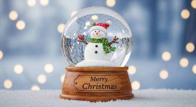 Delightful snowman nestled inside a festive snow globe creates a magical Christmas scene filled with joy and winter cheer, perfect for holiday greetings