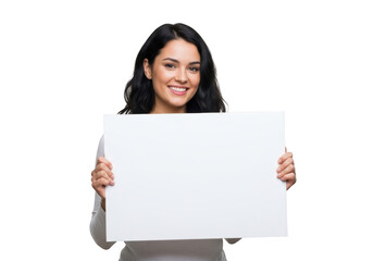 Smiling woman holding blank white sign isolated on transparent background