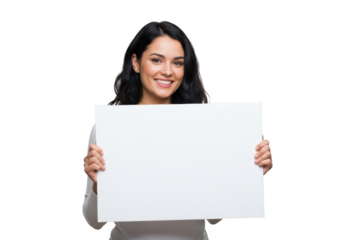 Smiling woman holding blank white sign isolated on transparent background