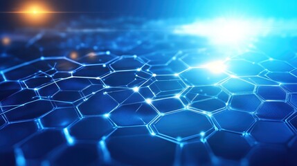 Abstract glowing hexagonal network structure with blue light and bright energy connections representing futuristic technology and data flow