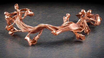 Intricate copper wire sculpture with organic branching forms in metallic tones displayed on a dark textured surface