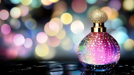 Iridescent perfume bottle with glitter reflecting vibrant light