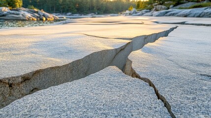 Jagged crack across gray granite rock in natural landscape