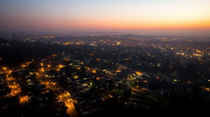 Fototapeta premium Aerial view of a sprawling cityscape at twilight with warm lights illuminating the urban landscape under a darkening sky