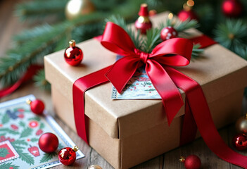 A box with decorative elements - ribbons, toys, cards, preparation for the holiday