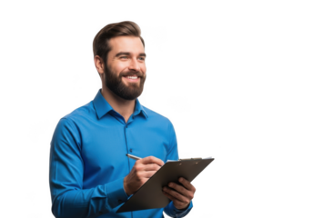 Smiling man with beard holding a tablet and pen isolated on transparent background