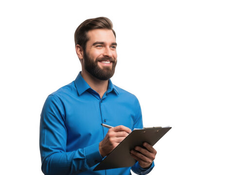Smiling man with beard holding a tablet and pen isolated on transparent background