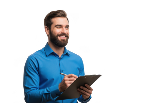 Smiling man with beard holding a tablet and pen isolated on transparent background
