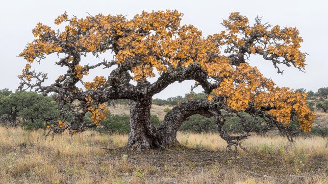 An ancient gnarled oak tree displays its golden autumn foliage clinging to its skeletal branches against a muted overcast sky