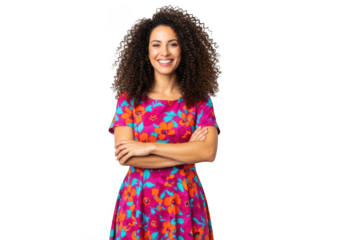 Smiling woman with curly hair wearing a colorful floral dress isolated on transparent background